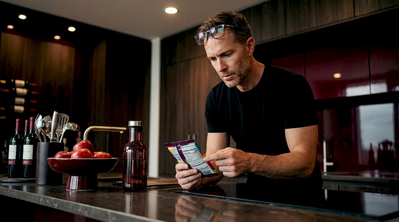 Man checking lollipop wrapper for ingredients