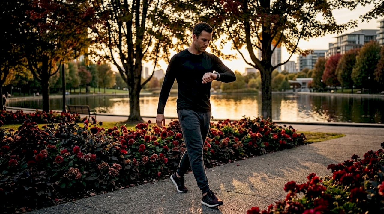 Man walking in neighborhood for debloating