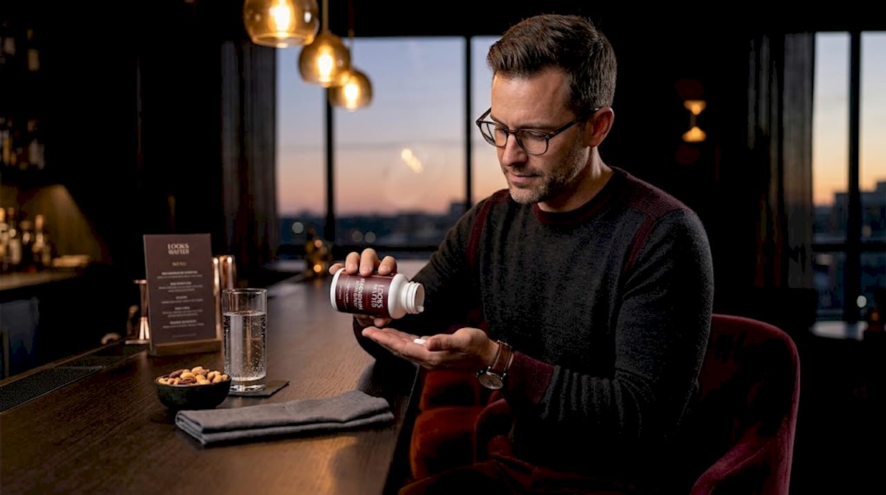 Man taking magnesium supplement in evening at home