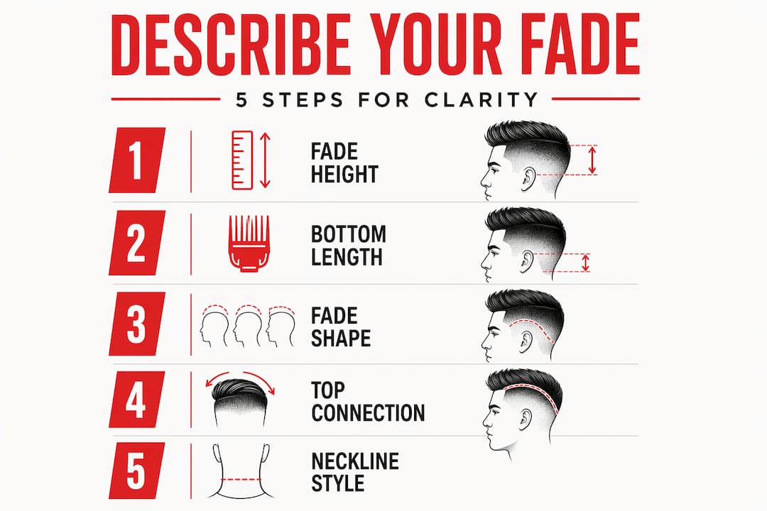 Infographic showing five steps to describe a fade