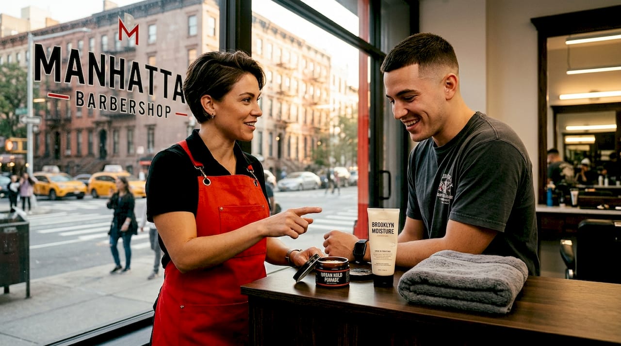 Barber giving haircut advice to client