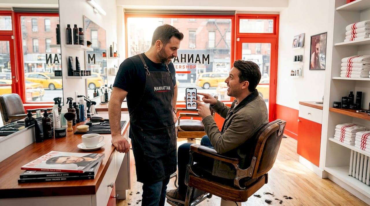 Barber consulting with client in bright shop