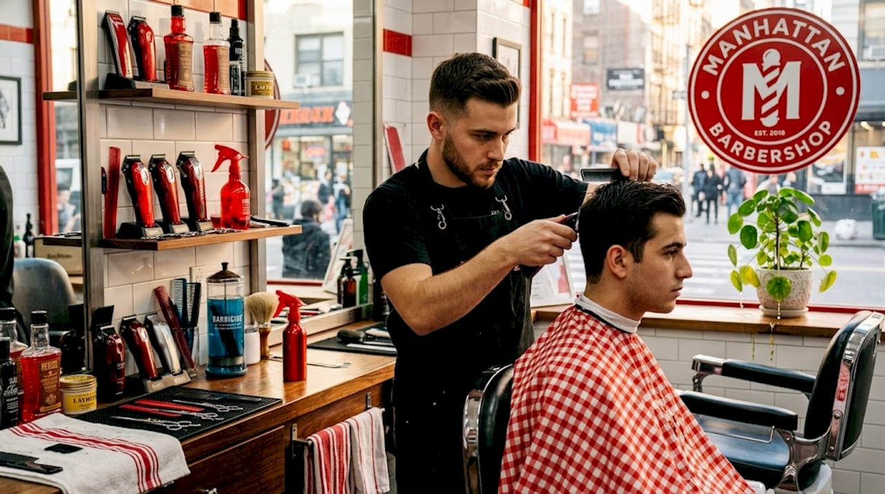 Barber using clippers and comb on client