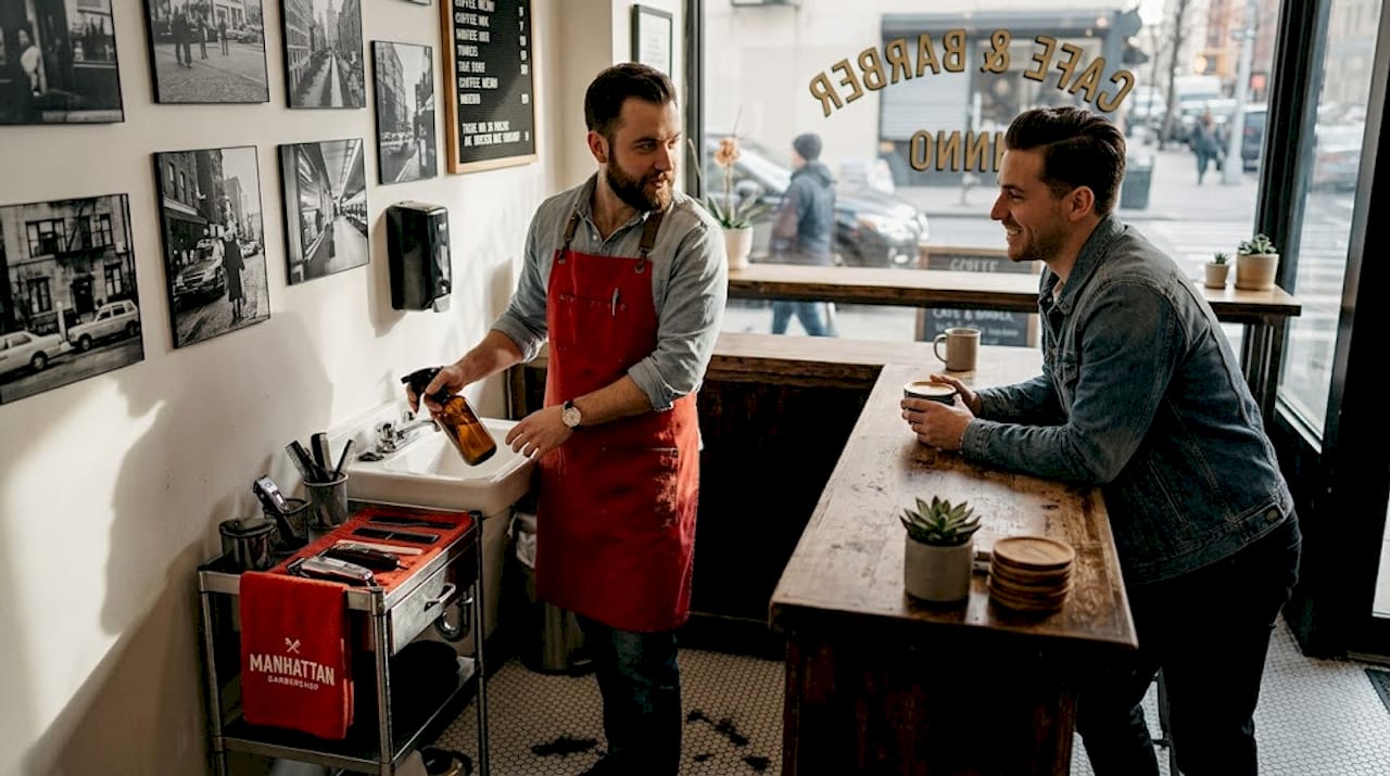 Barber and client chatting after haircut