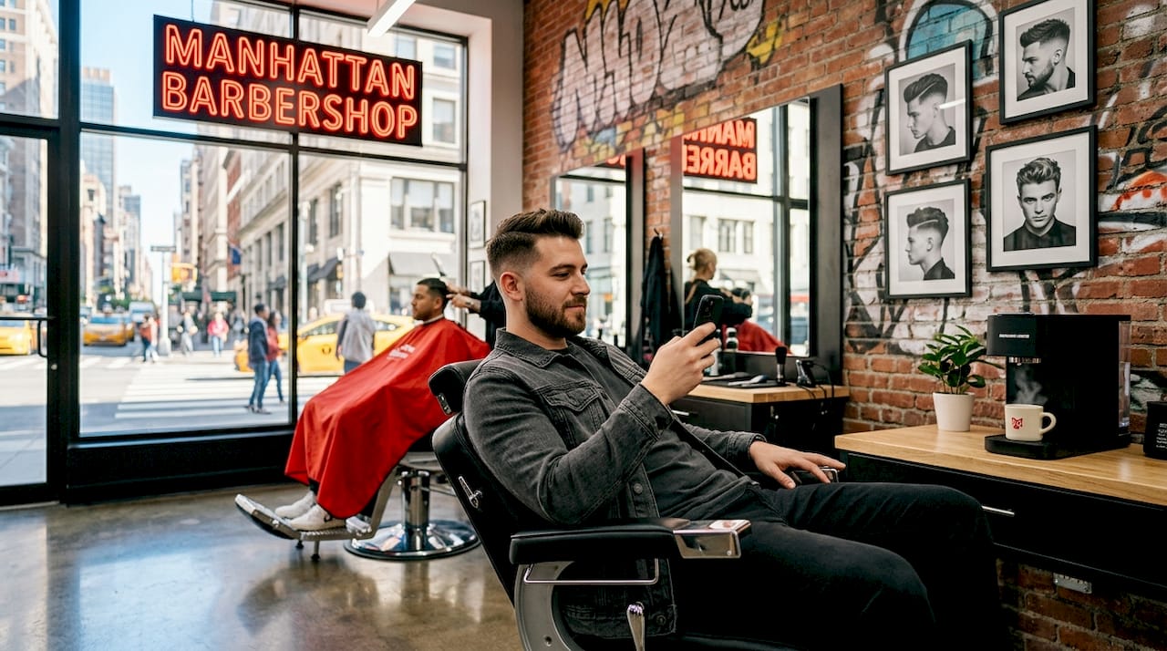 Man waiting at NYC barber shop entrance