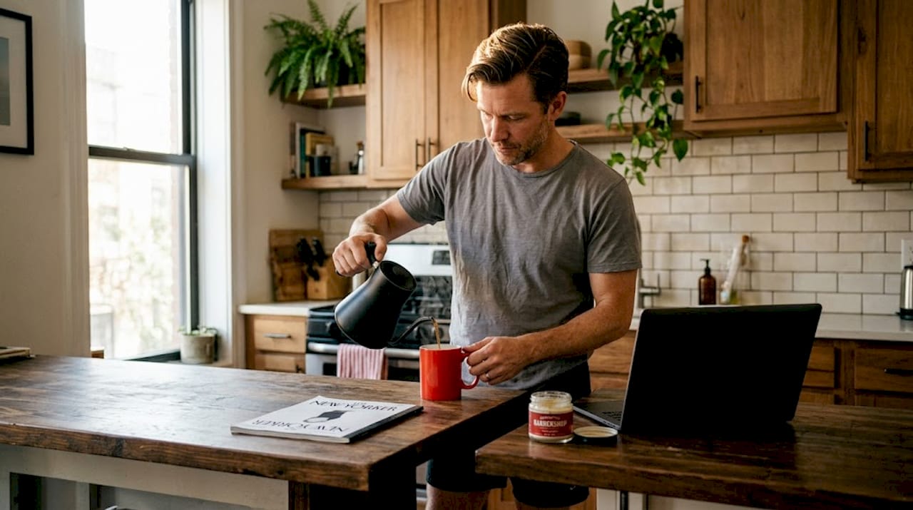 Man with side part styling coffee at home