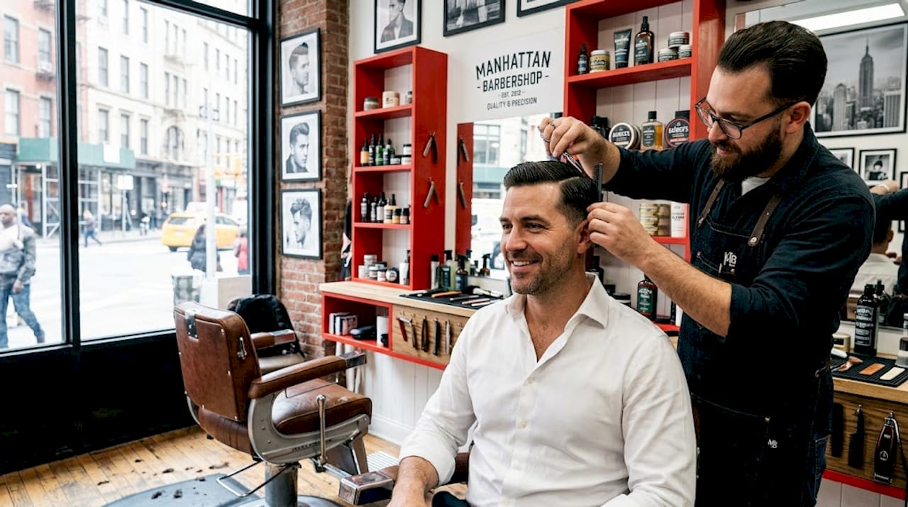 Barber cutting classic men's side part