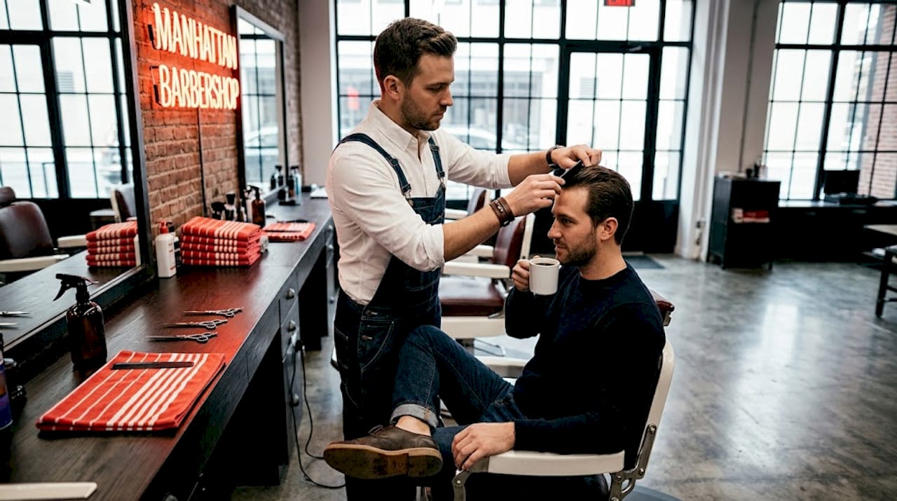 Barber examining client’s hair in sunlit shop