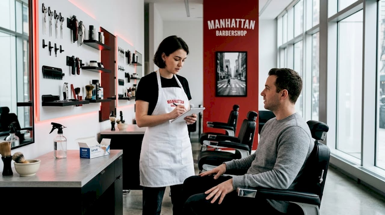 Barber consulting with client using notes and tools