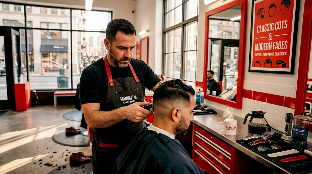 Barber performing fade haircut in shop