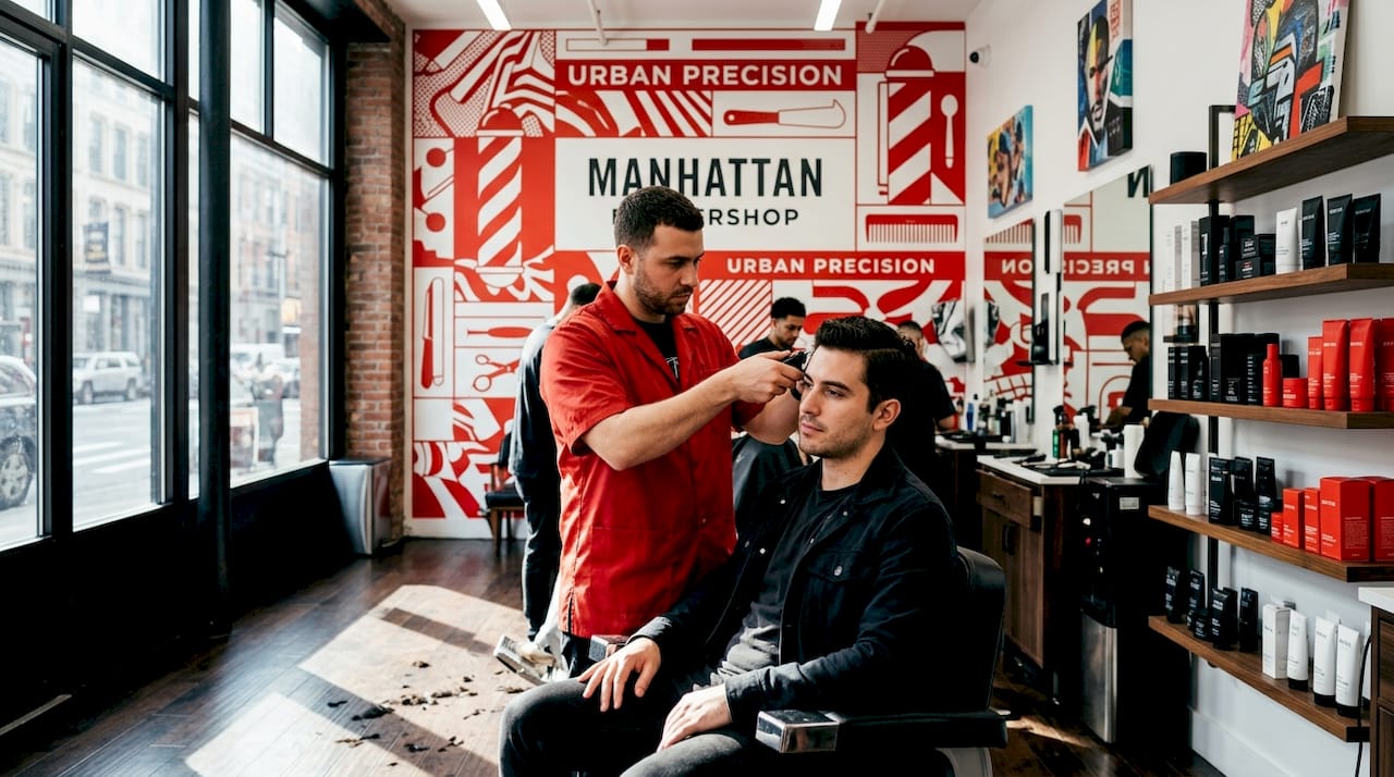 Barber giving signature haircut in NYC shop
