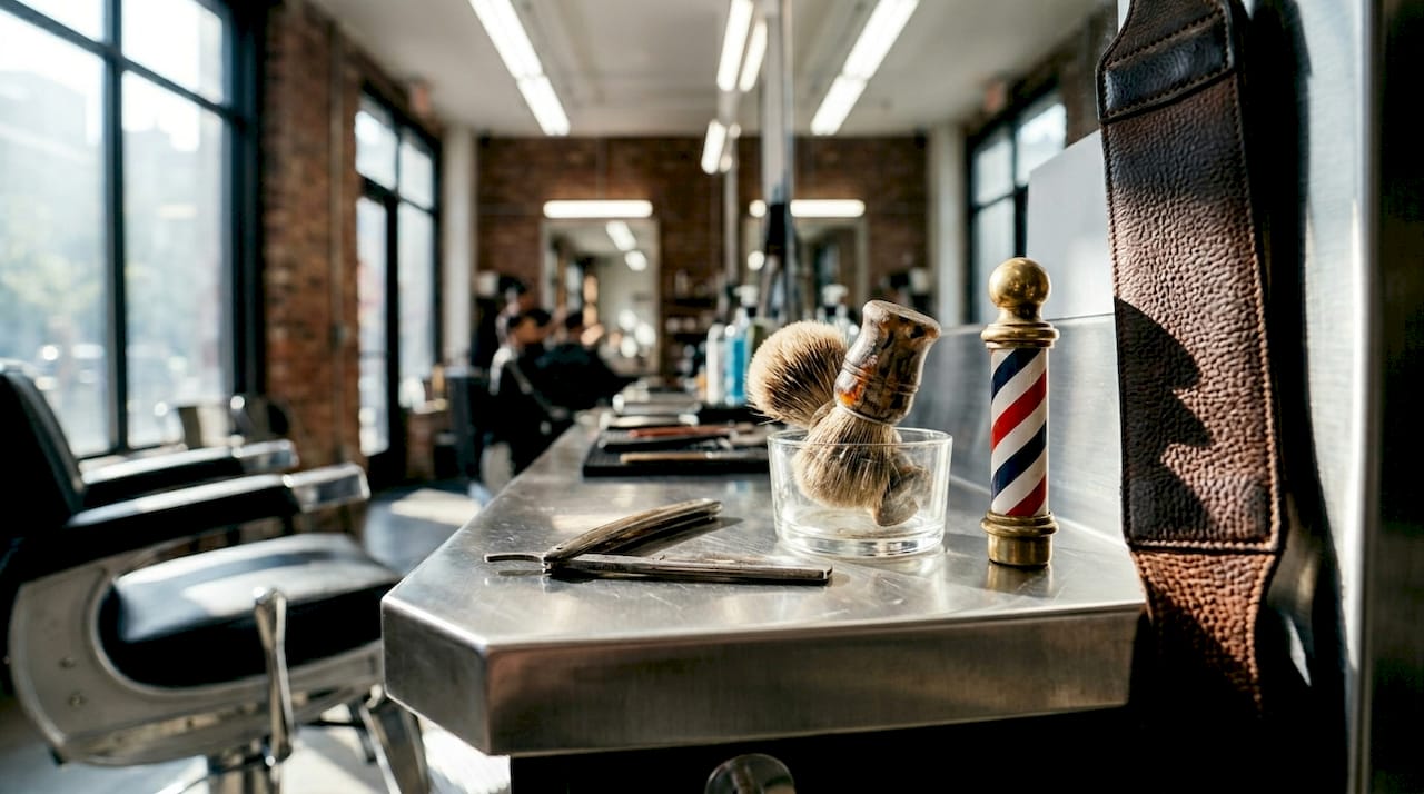 Close-up of traditional barber tools on workbench