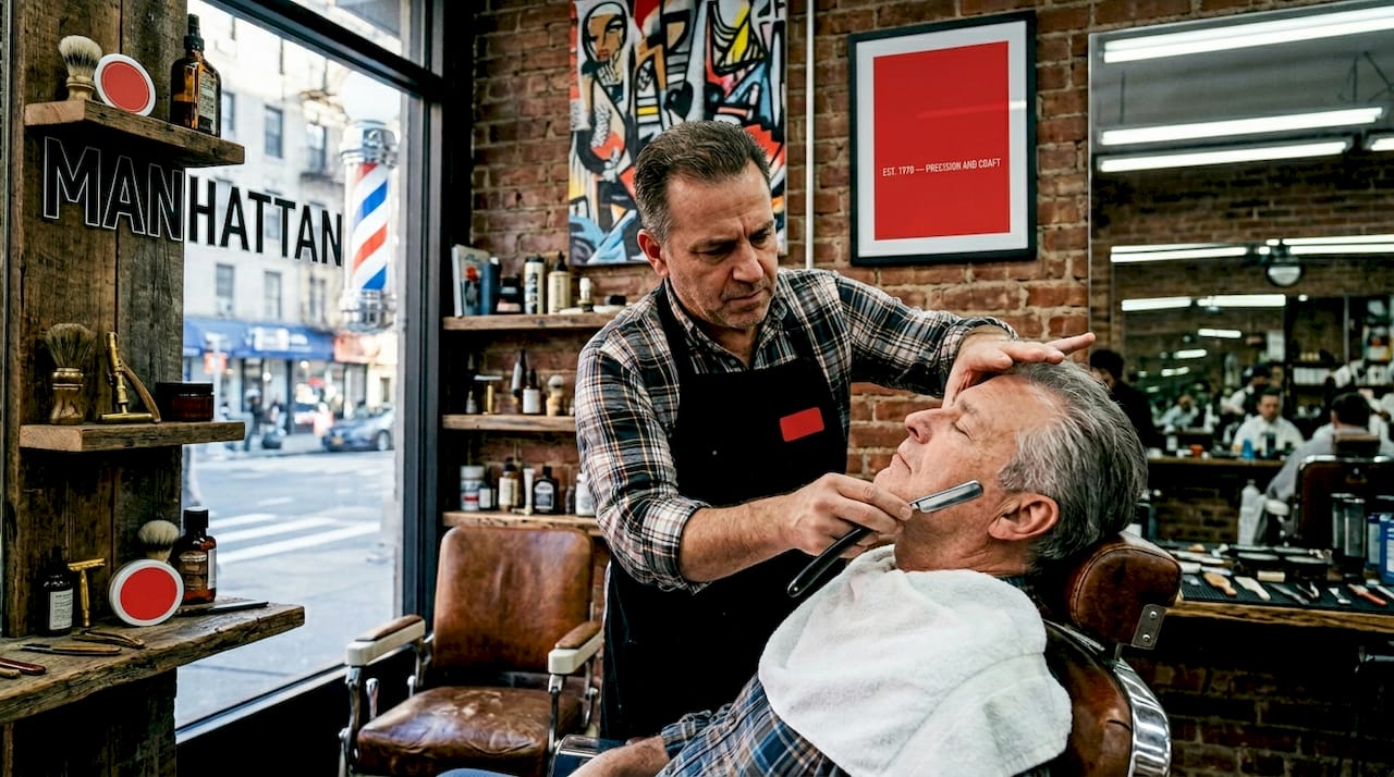 Barber shaving customer in vintage barbershop