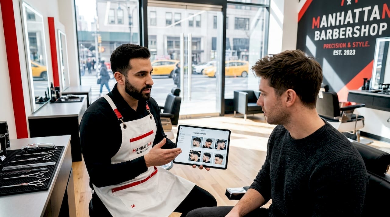 Barber consulting client on custom haircut