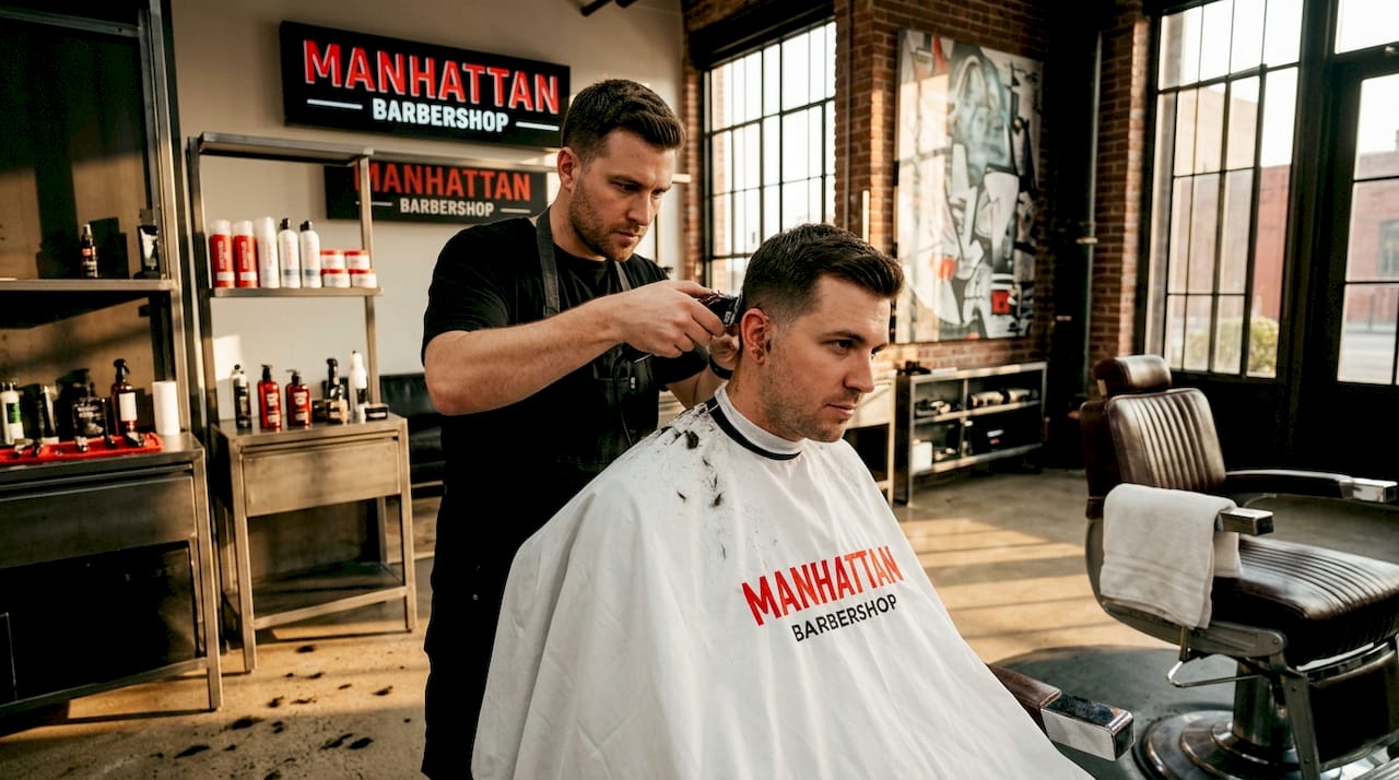 Barber cutting hair in stylish barbershop