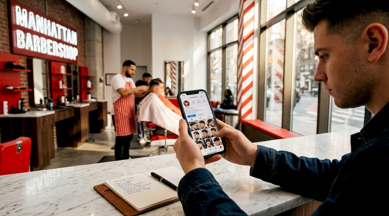 Man reviewing barber portfolio on phone