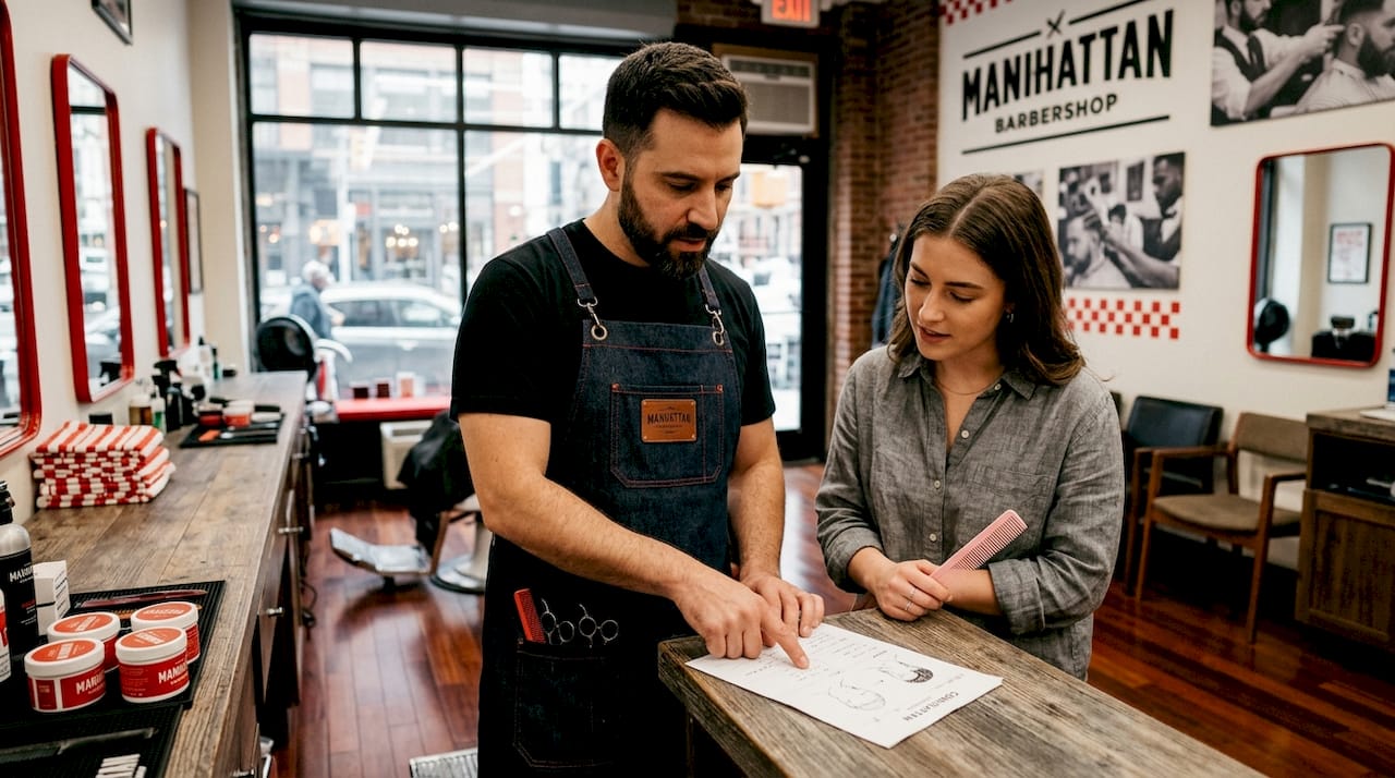 Barber and stylist consulting in barbershop