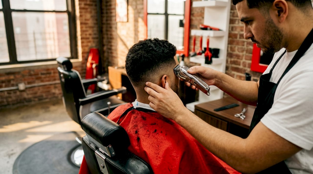 Barber cutting short fade haircut