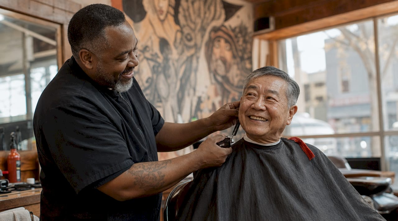 Barber chatting with customer during haircut