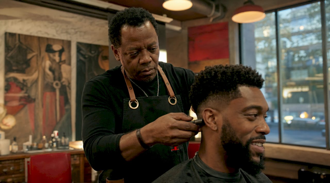 Barber trimming client hair in rustic shop