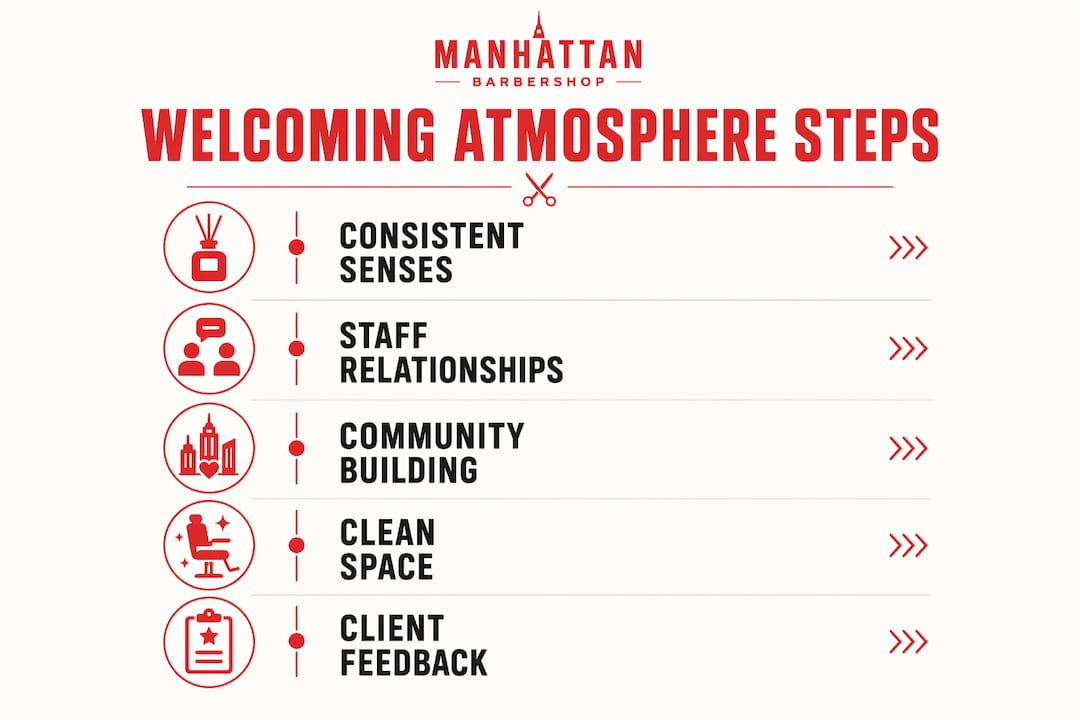 Infographic listing practical steps for welcoming barbershop atmosphere