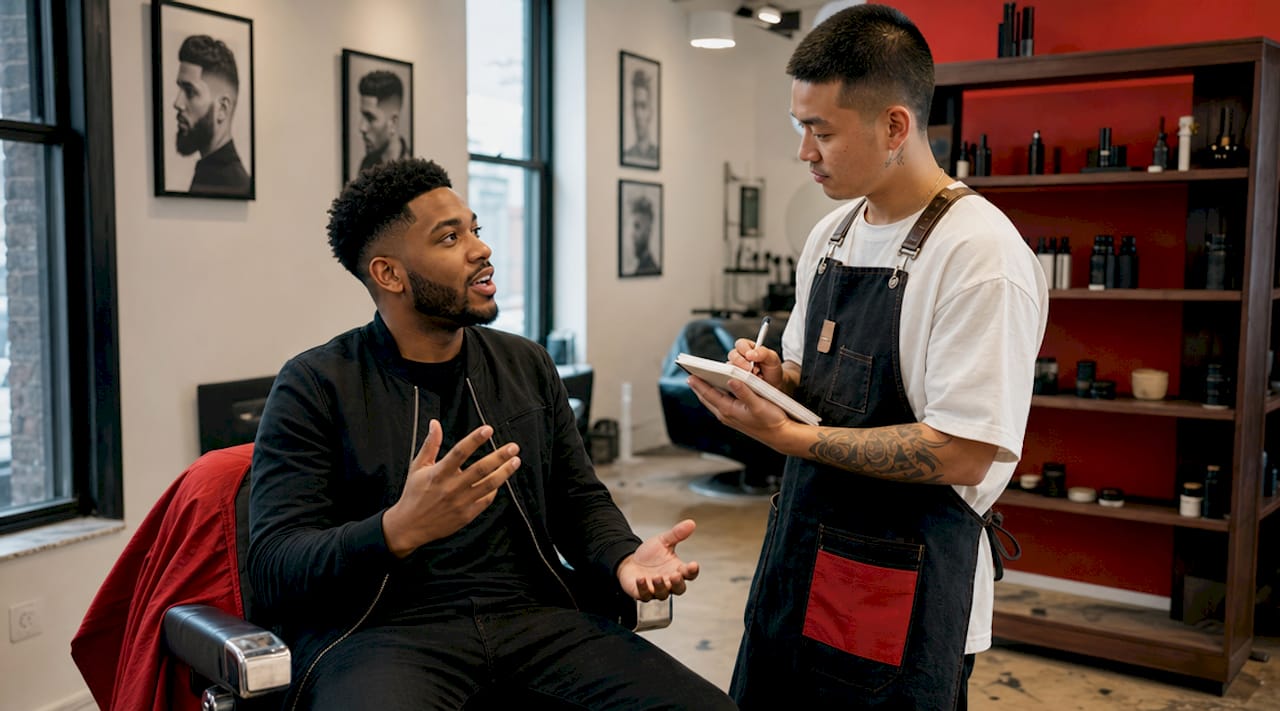 Customer consulting barber in classic barbershop