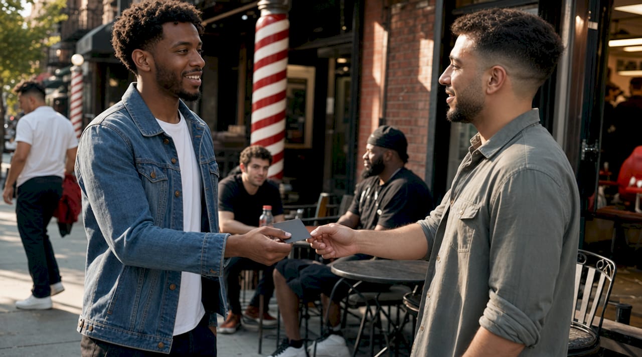 Hands exchanging referral cards in barbershop