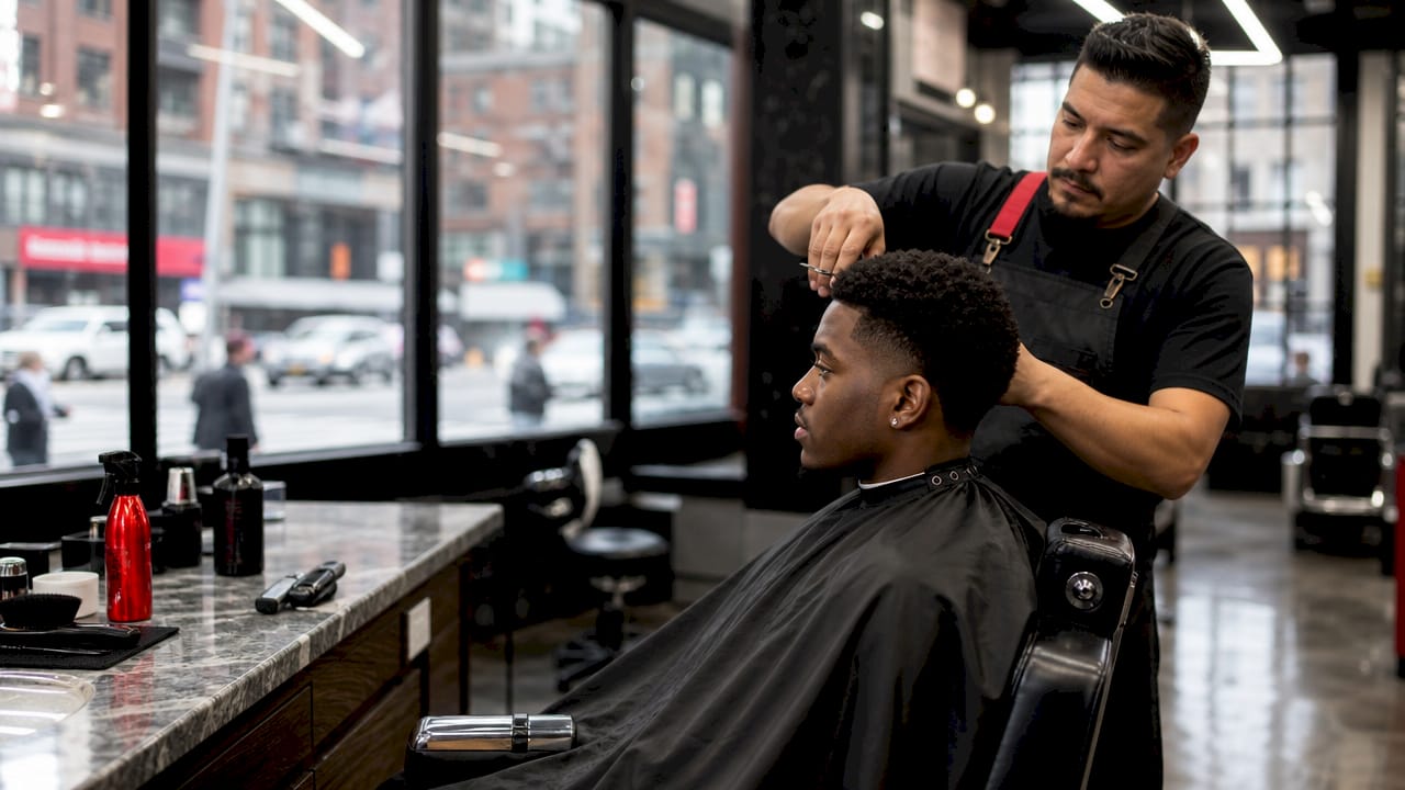 Client getting haircut from familiar barber in shop