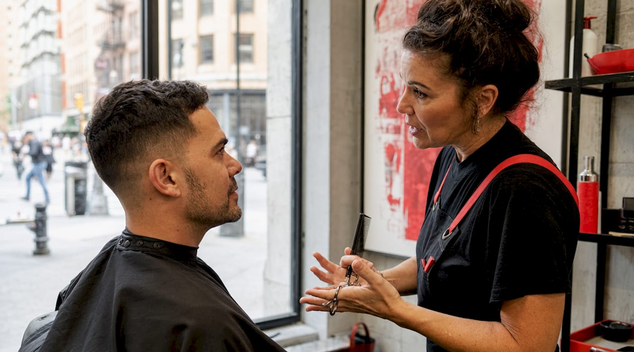 Client and barber having consultation in barbershop