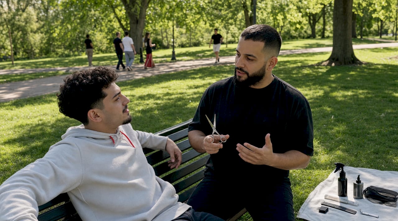 Barber explaining hair maintenance to client