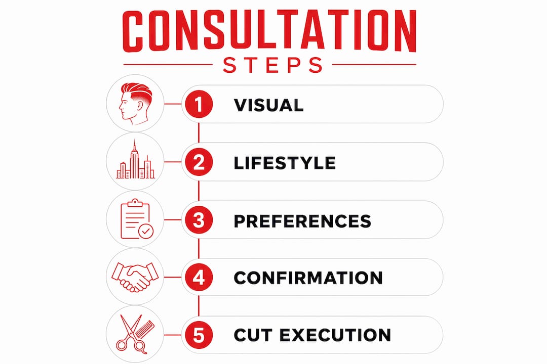 Infographic illustrating barber consultation process steps