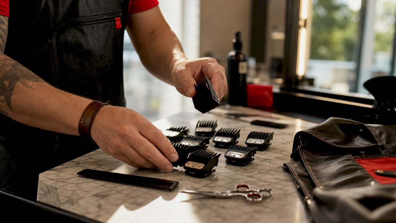 Barber hands selecting clipper guard numbers