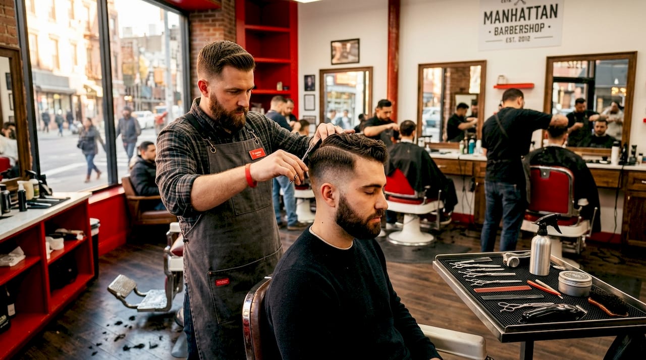 Barber blending fade haircut with scissors and comb