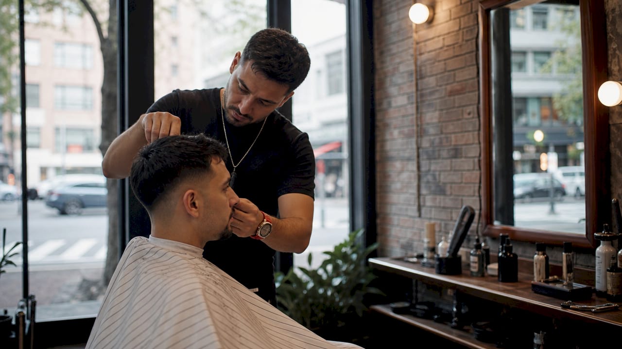 Barber carefully cutting boy's hair in colorful shop