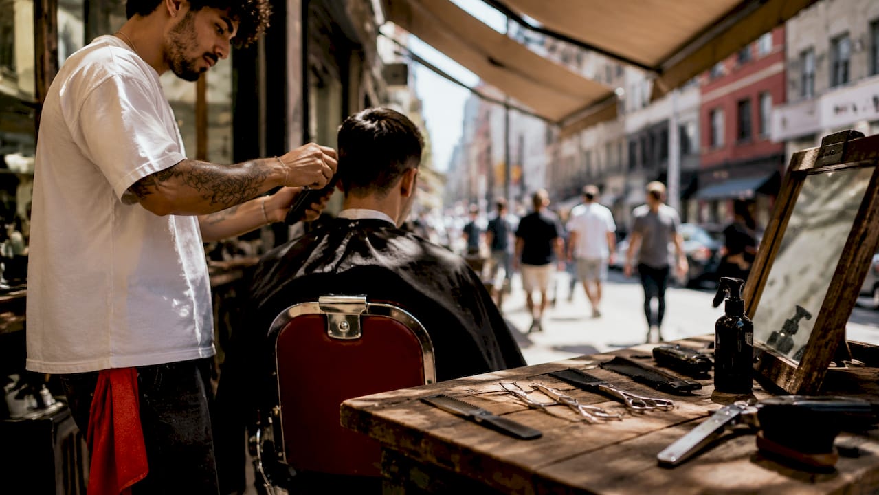 Close-up of barber tools and hands at work