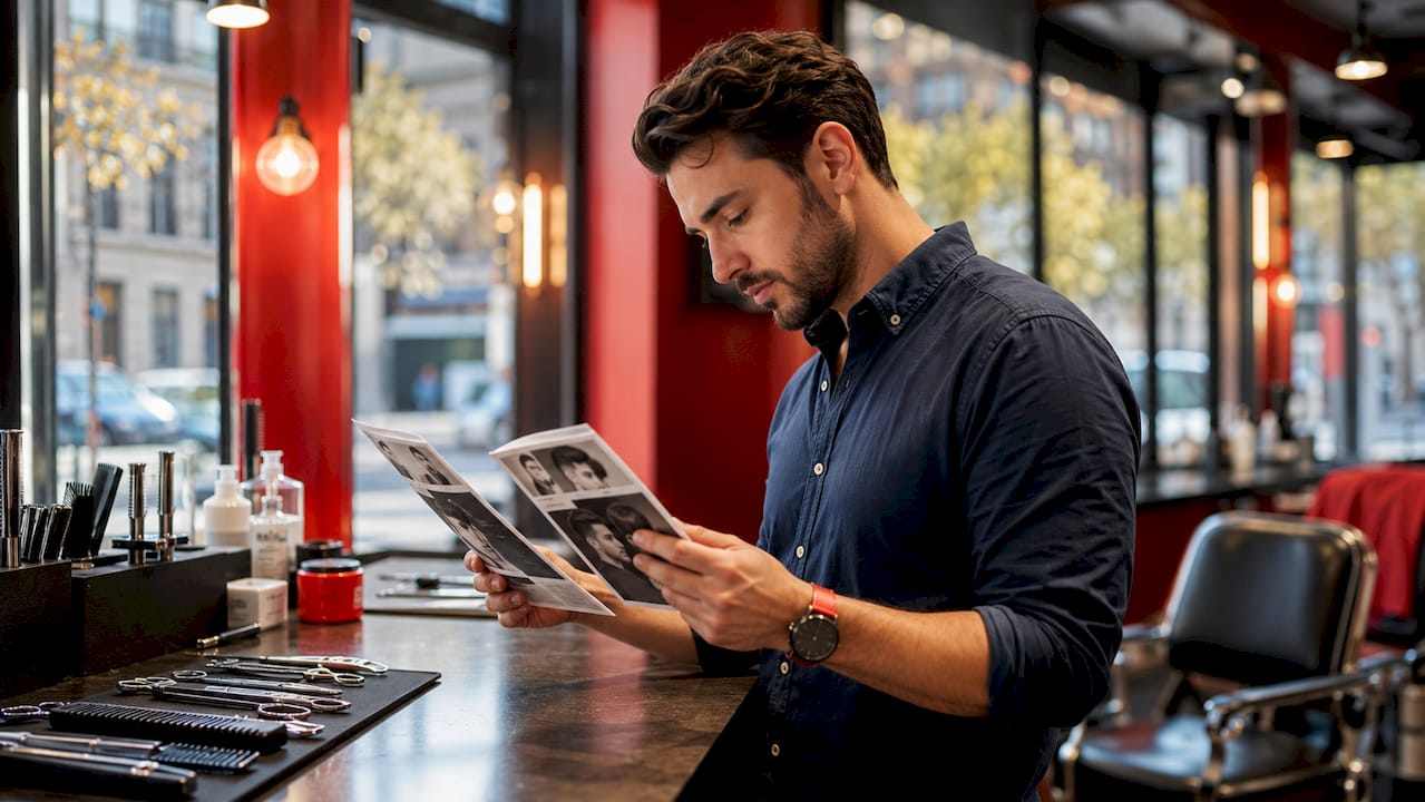 Professional comparing barber and salon brochures