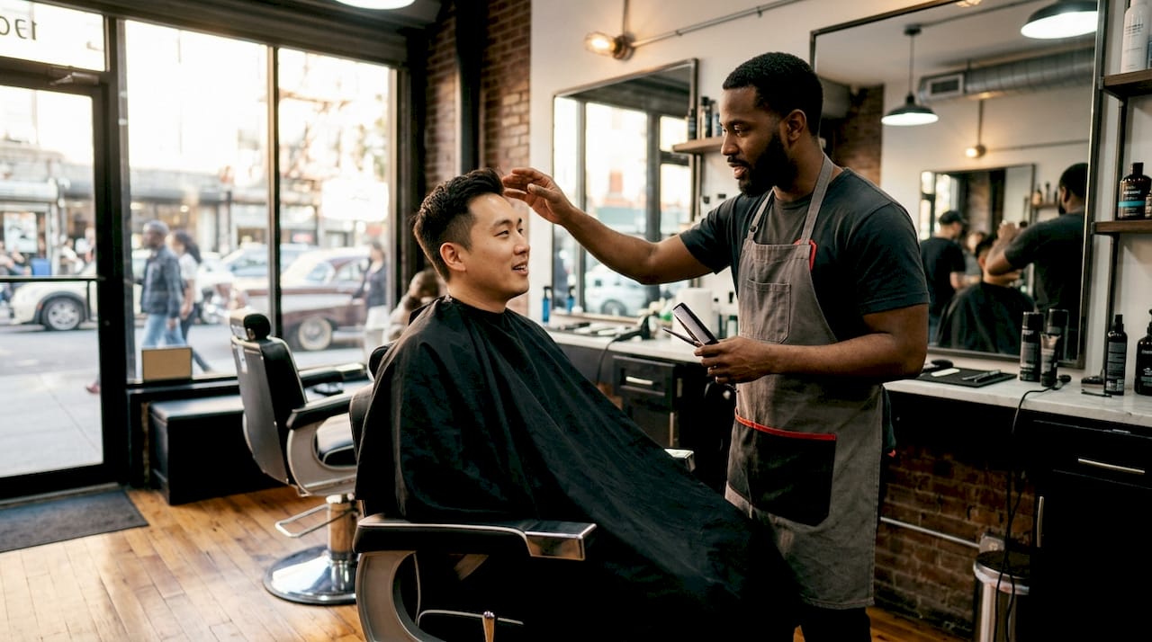Barber consulting client about hairstyle