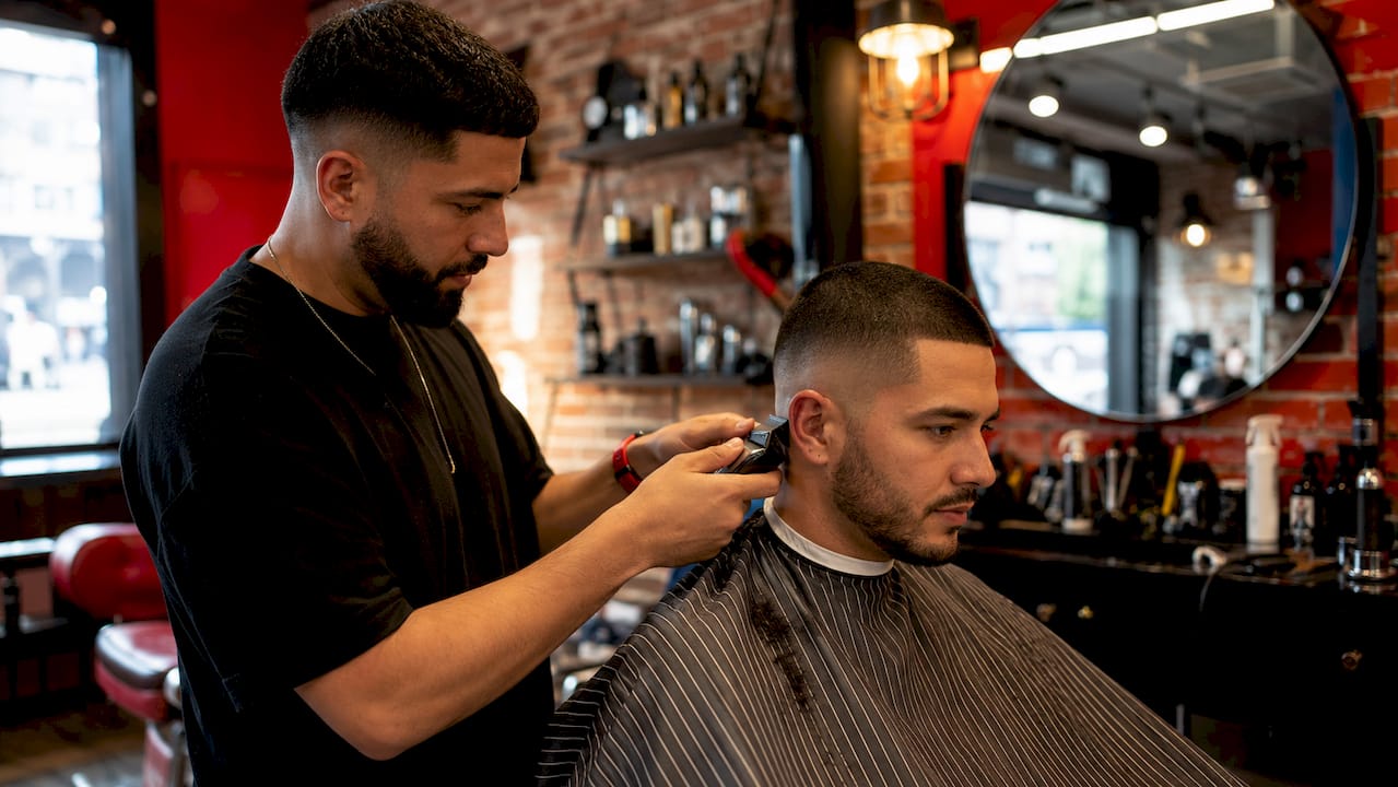 Barber cutting buzz cut fade on client’s head