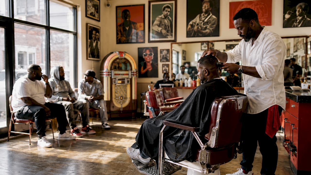 Barber cutting client’s hair in local shop