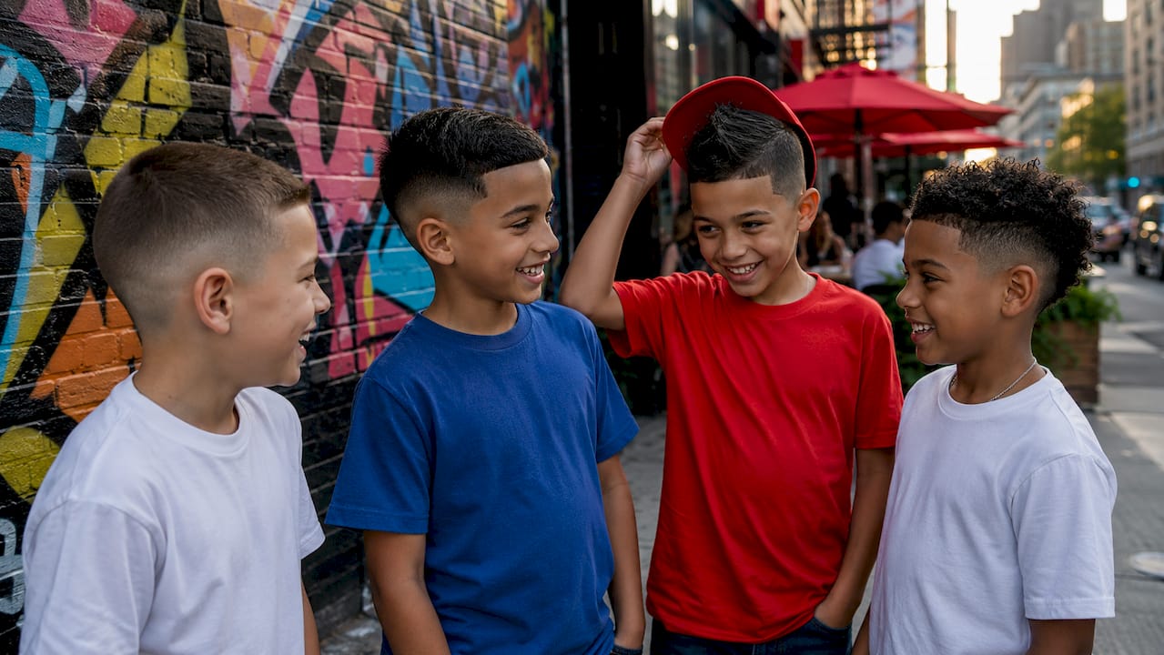 Group of boys showing different haircut styles outdoors