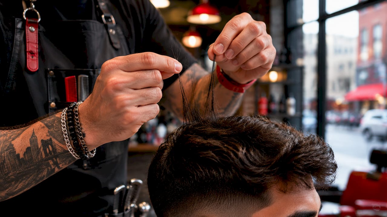 Close-up of barber holding hair strands to show density differences