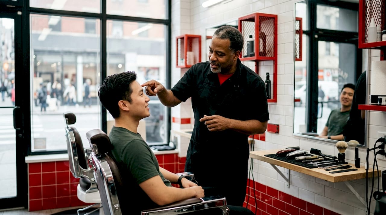 Barber discussing haircut style with client