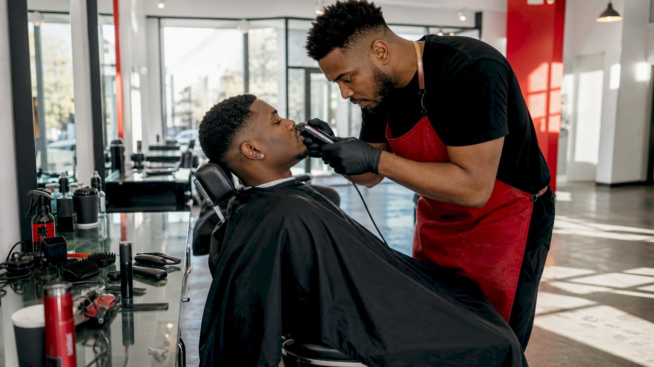 Man receiving gentleman's fade haircut at barbershop