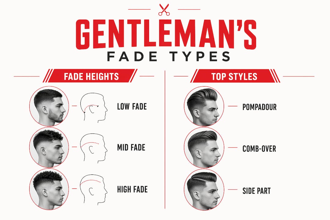 Infographic comparing fade heights and top styles for gentleman's fade