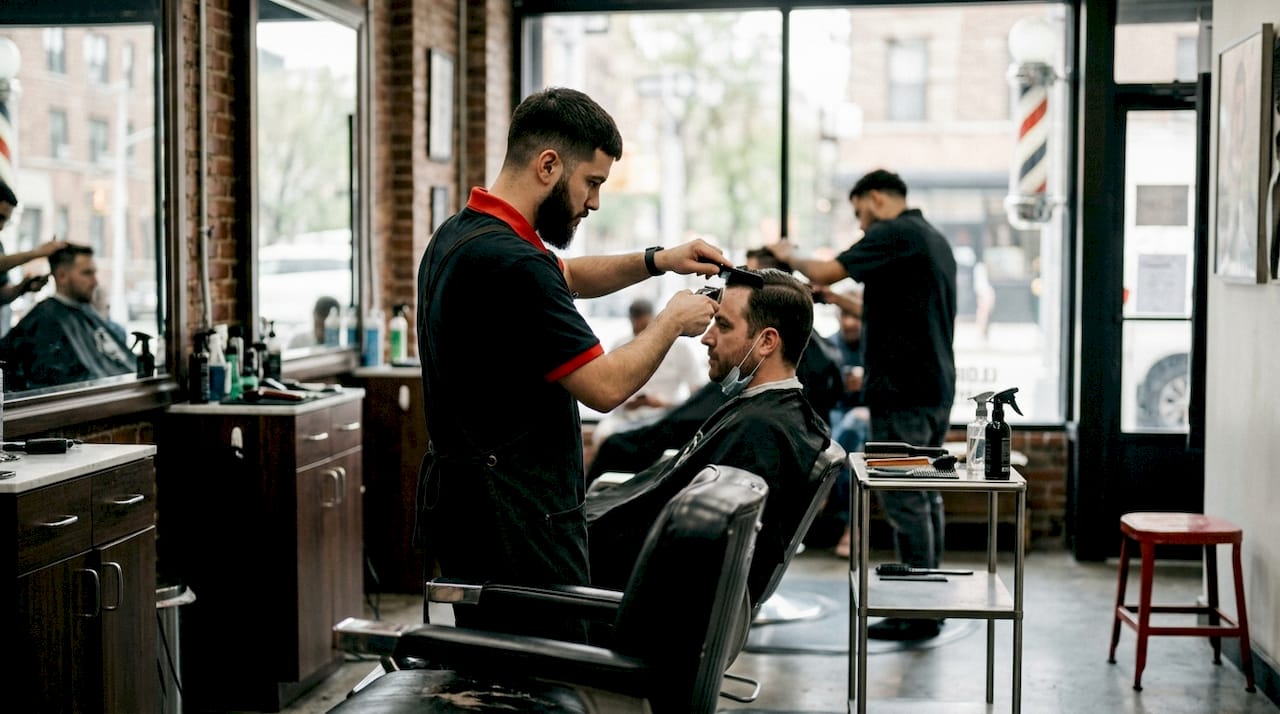Barber cutting curly child's hair dry