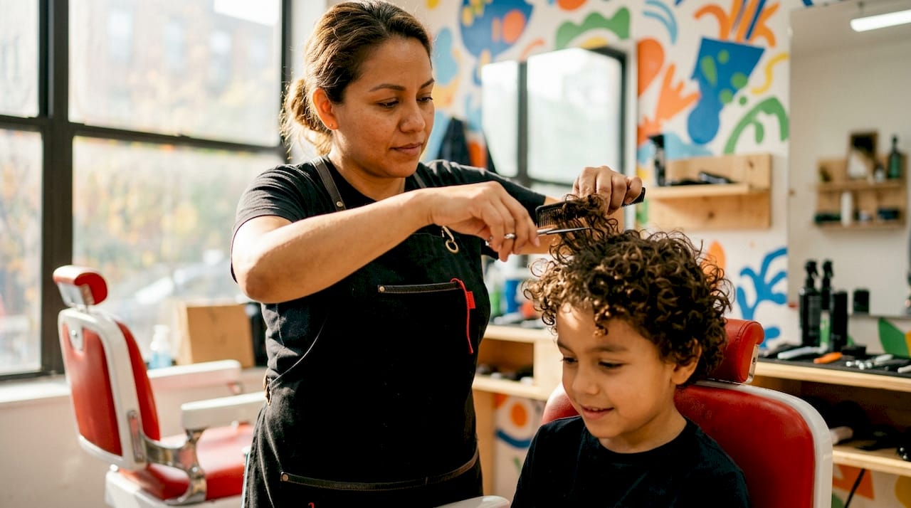 Close-up of barber dry cutting curly hair