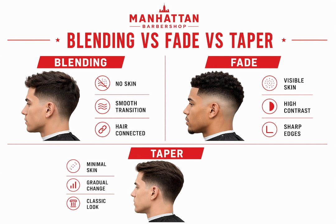 Infographic comparing blending, fade, and taper haircuts