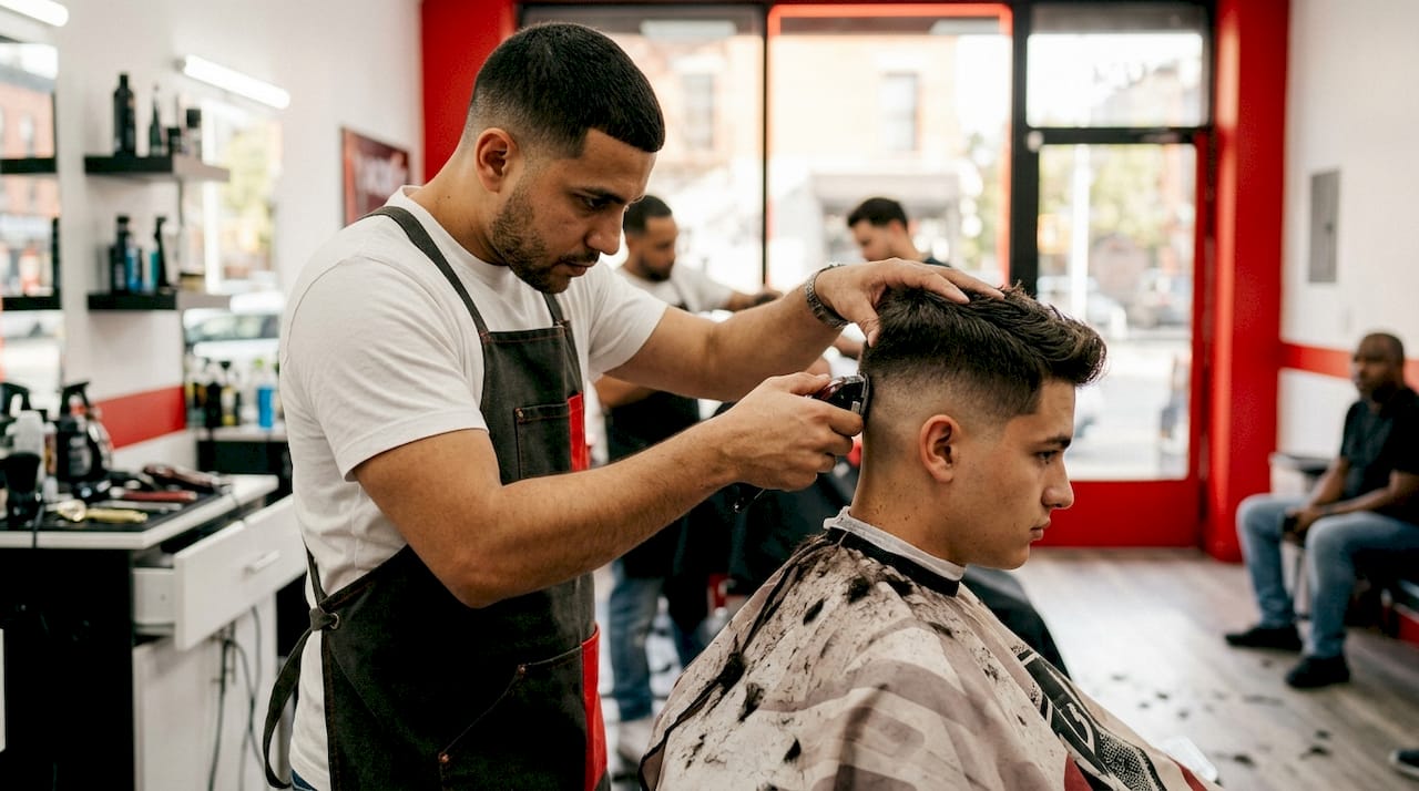 Barber blending fade haircut in shop