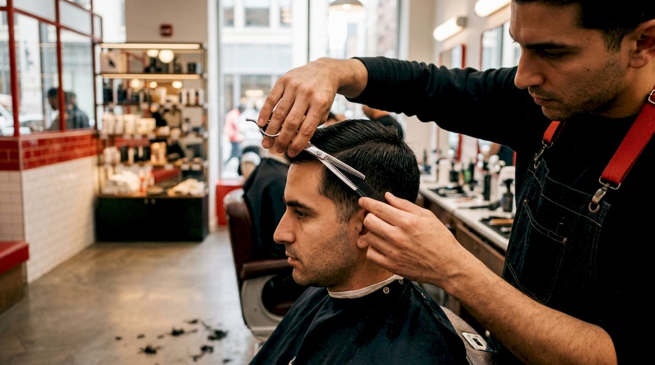 Barber using thinning shears blending hair