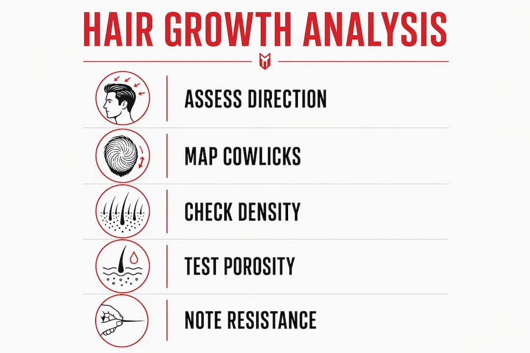 Infographic illustrating five steps of hair growth pattern analysis